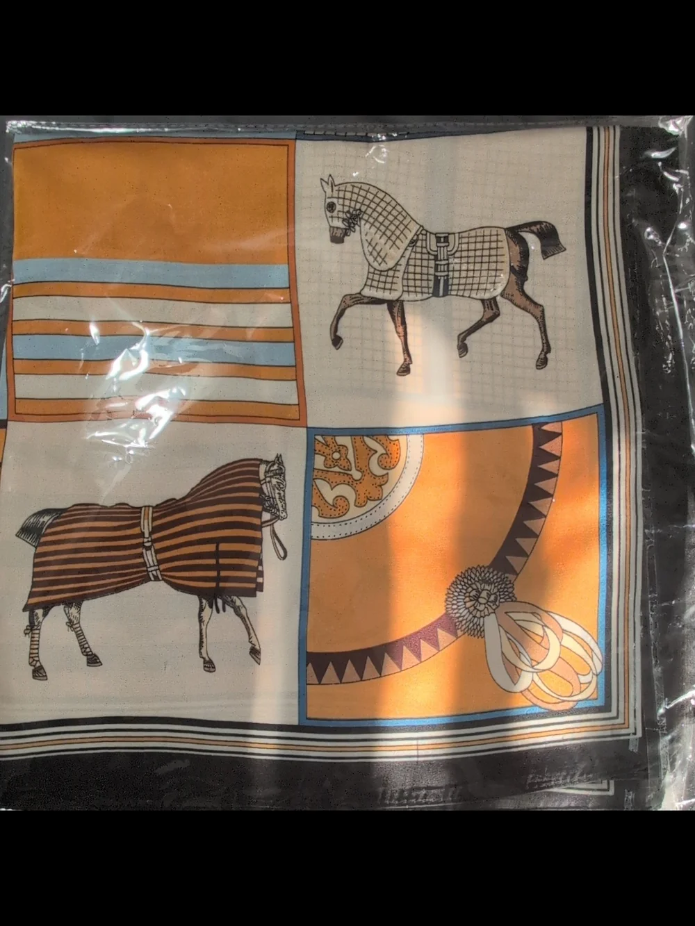 Equestrian Print Square Scarf — Orange, Cream, Blue